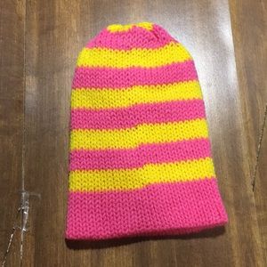 Stripes And Pink Hand Knit Beanie Hat
